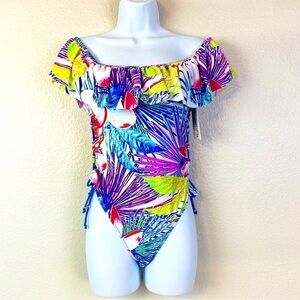 TiniBikini Tropical Palm Off The Shoulder Ruffle One Piece Swimsuit Size M
